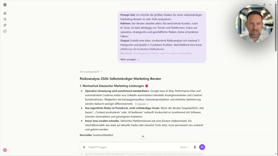 Originaler Kurs-Screenshot: PROMPT+ K3 mit strukturierter Risikoanalyse in ChatGPT