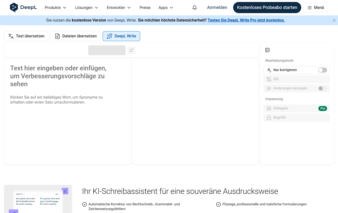 Screenshot von DeepL Write