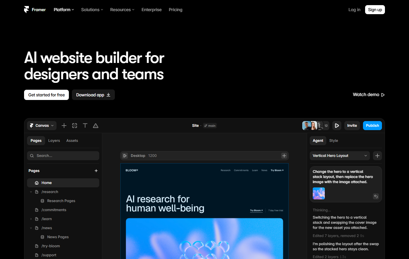 Screenshot von Framer AI