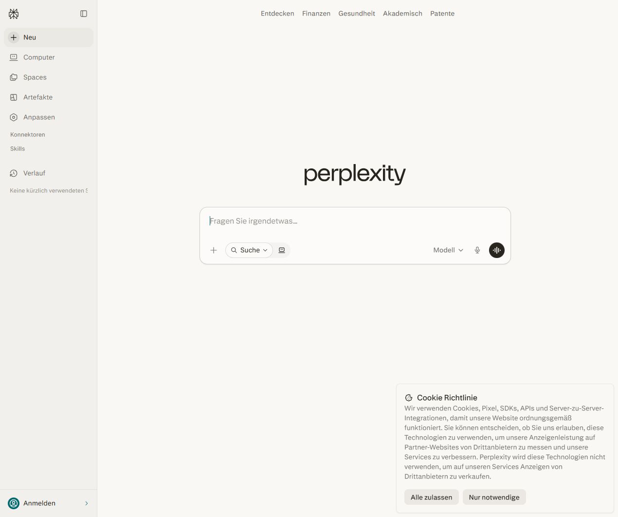 Screenshot von Perplexity